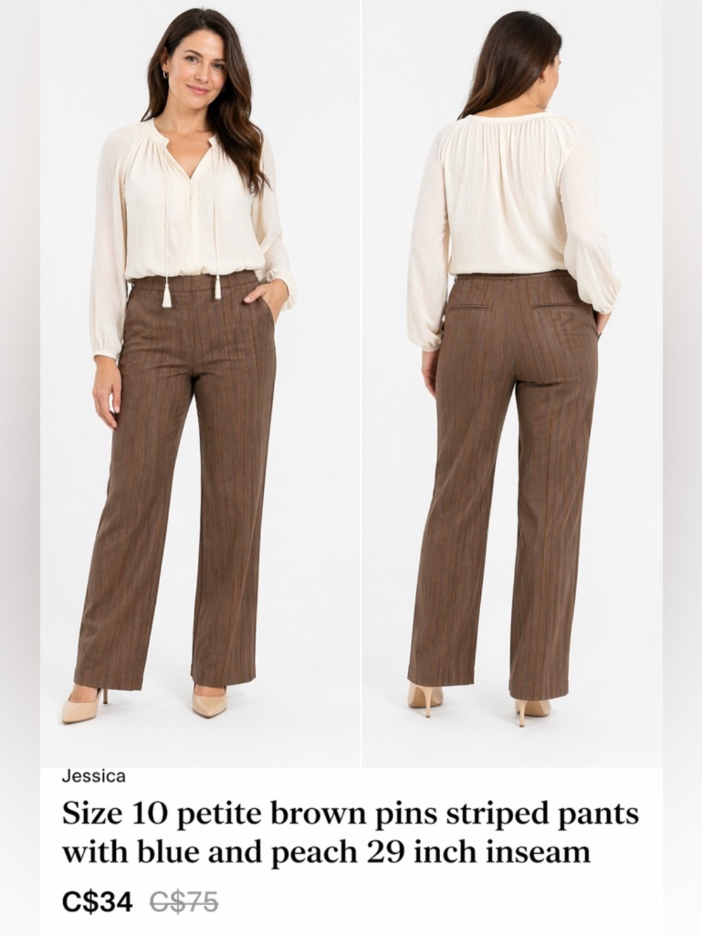 Size 10 petite brown pins striped pants with blue and peach 29 inch inseam